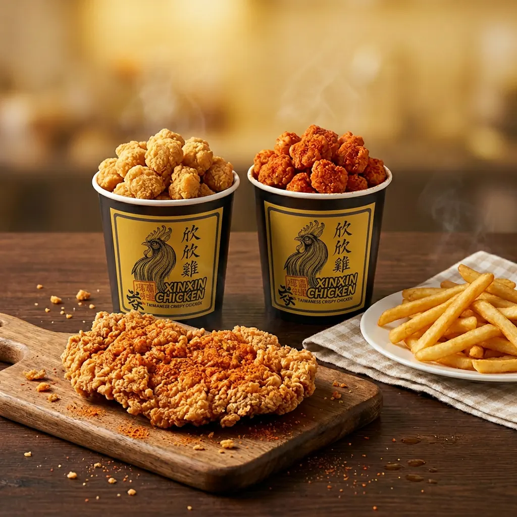 Dua cup XinXin Chicken berisi chicken pop, crispy chicken di talenan, dan kentang goreng