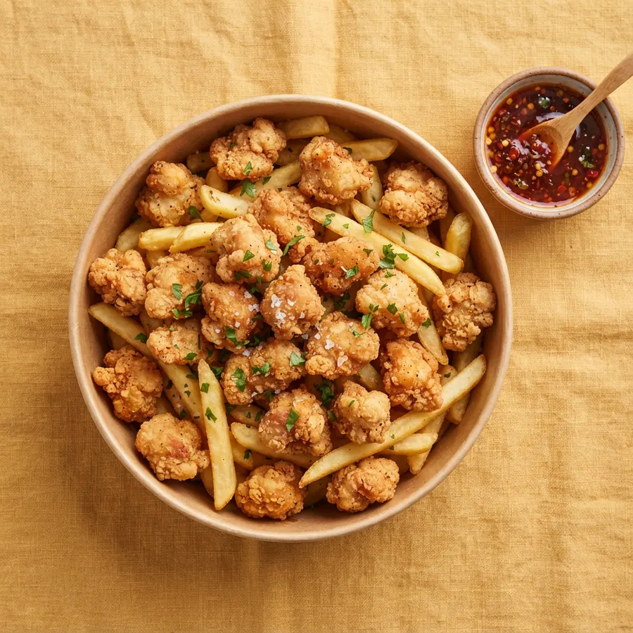 Mix platter ayam dan kentang dengan saus sambal