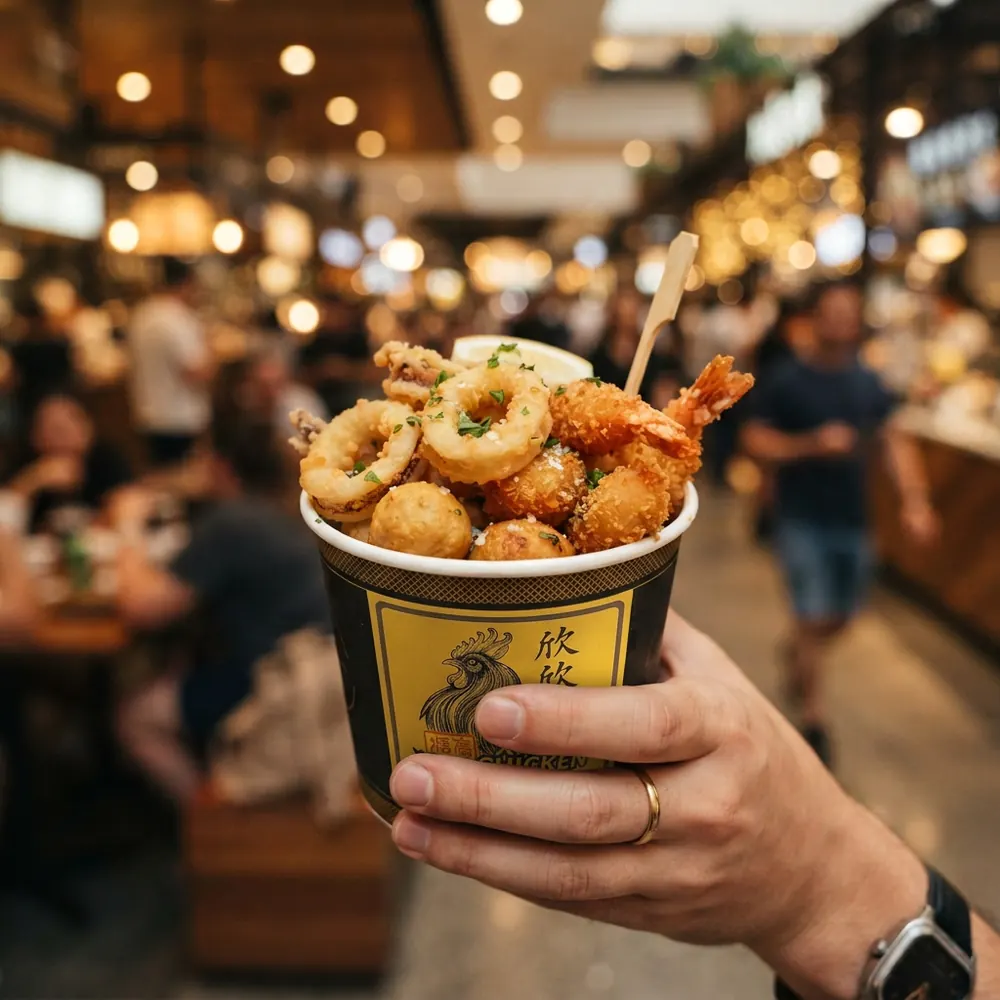 Cup XinXin berisi seafood mix cumi dan udang